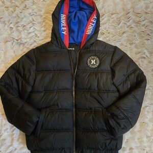 Hurley Black Puffer Jacket with Blue and Red Accents